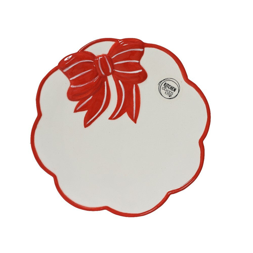 Kaemingk Breakfast Plate – Dolomite with Bow Design, Christmas Tableware, Festive Holiday Dining Plate, Elegant Xmas Kitchen Serveware, Tabletop Home Décor