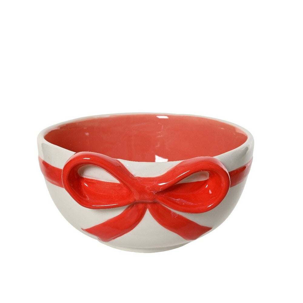 Kaemingk Bowl – Dolomite Round Bows Design, Christmas Tableware, Festive Holiday Dining Bowl, Elegant Xmas Serveware, Kitchen & Tabletop Home Décor