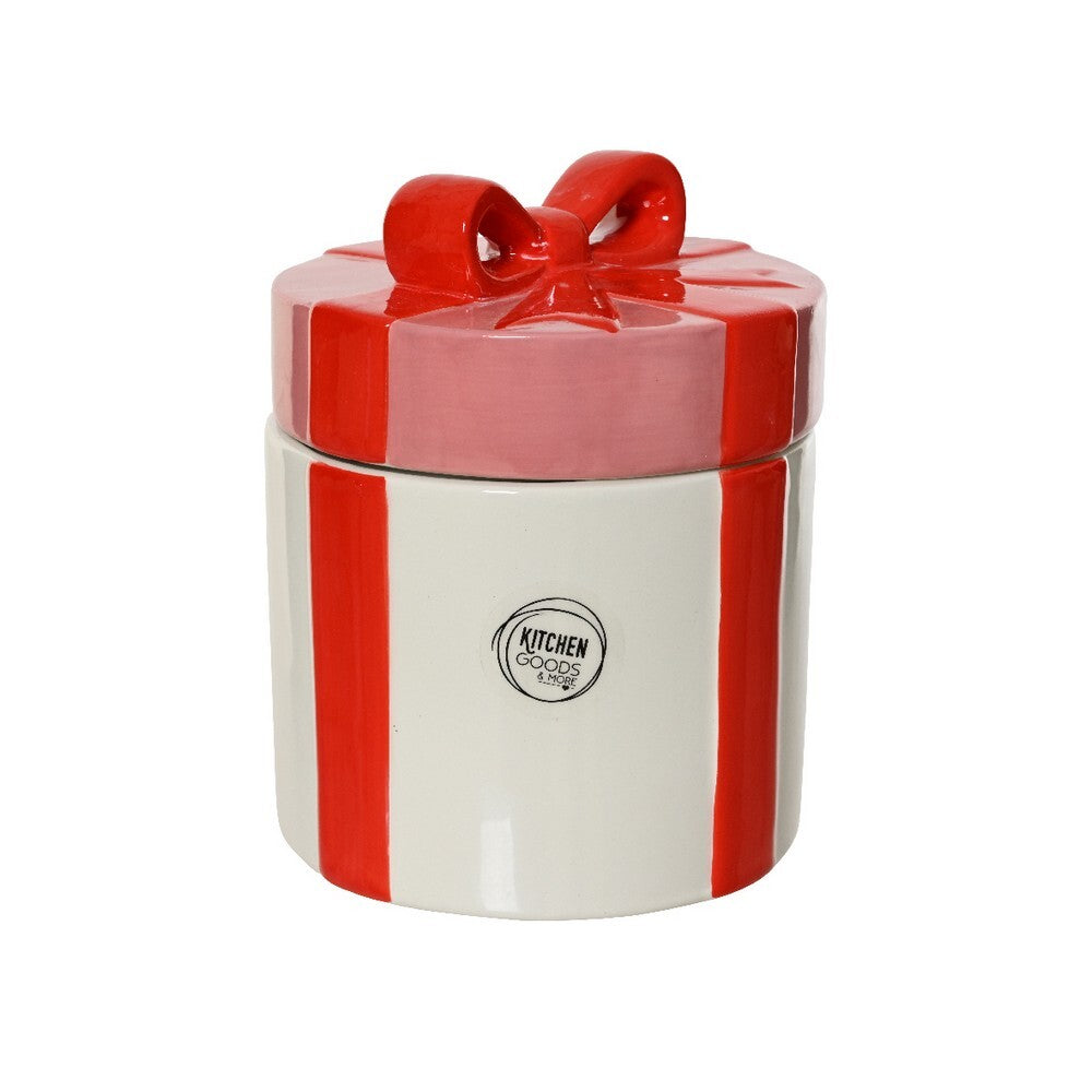 Kaemingk Storage Jar – Dolomite Round Bows Design, Christmas Kitchen Container, Festive Holiday Serveware, Elegant Xmas Tableware, Decorative Home Décor Storage