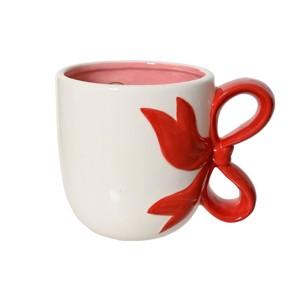 Kaemingk Mug – Dolomite Round Bows Design, Christmas Tableware, Festive Holiday Coffee Cup, Elegant Xmas Serveware, Kitchen & Tabletop Home Décor