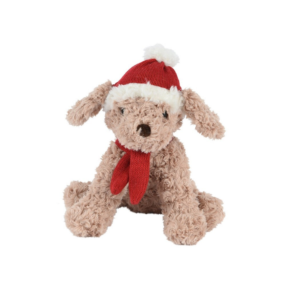 Kaemingk Dog Plush – Red Knitted Scarf, Christmas Holiday Soft Toy, Festive Xmas Decoration, Cute Tabletop & Home Décor, Seasonal Gift Accent