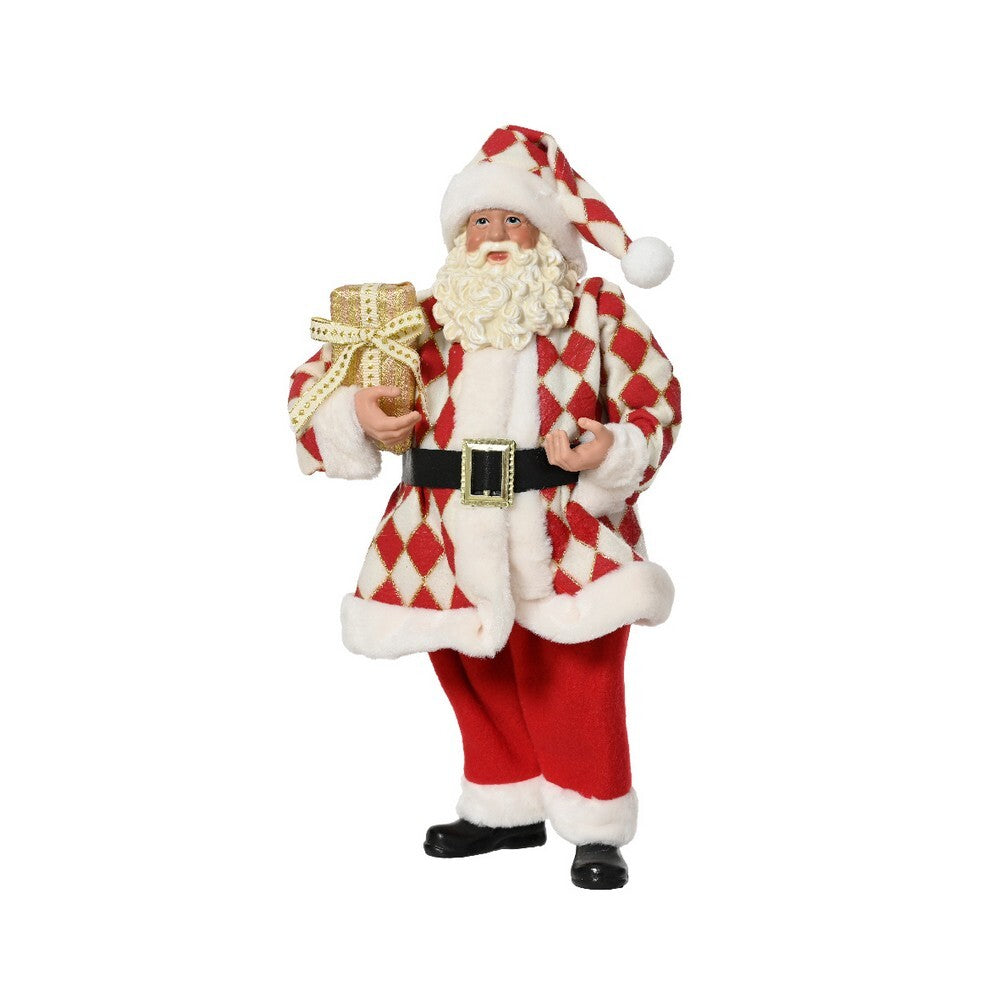Kaemingk Santa – 38cm Plastic Figurine Holding Gold Giftbox, Red & White Christmas Holiday Decoration, Festive Xmas Tabletop Ornament, Seasonal Home Décor Collectible