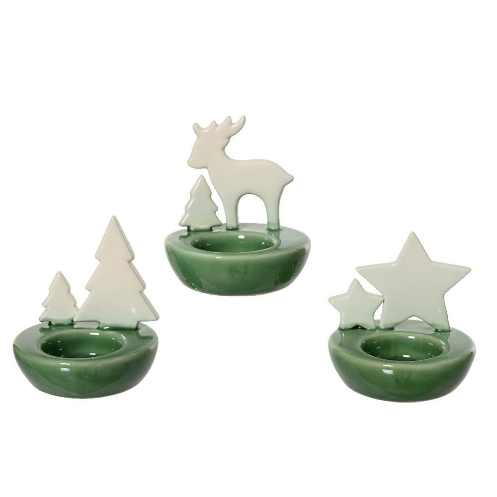 Kaemingk Candleholder – Porcelain Green & White, Christmas Holiday Decoration, Festive Xmas Tabletop & Home Décor, Elegant Seasonal Centerpiece, 1 Piece Assorted Designs