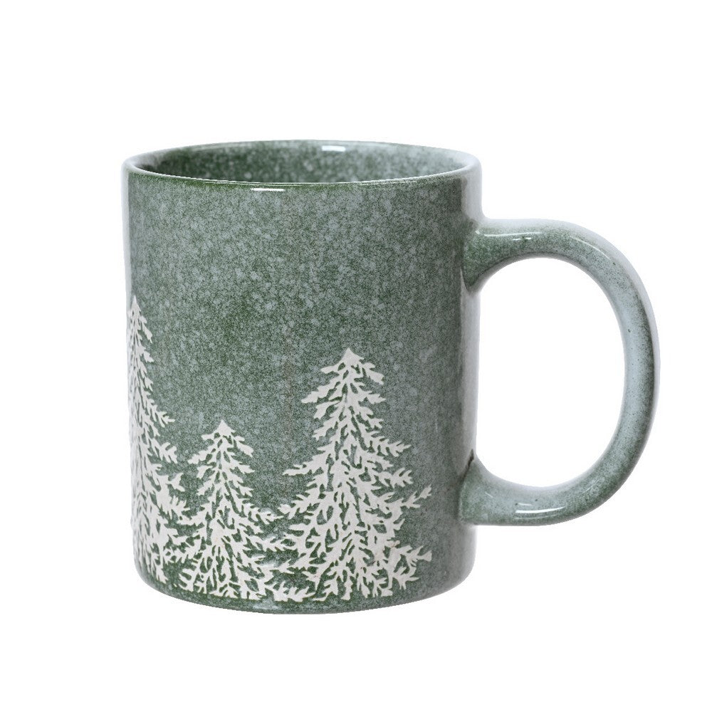 Kaemingk Mug – Stoneware Round with Handle, Reactive Glaze Tree Embossed, Christmas Holiday Coffee & Tea Cup, Festive Xmas Tableware, Elegant Kitchen & Dining Décor
