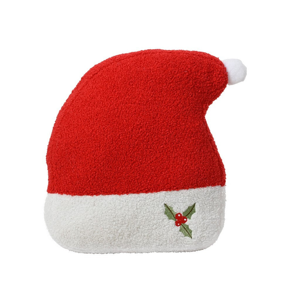 Kaemingk Cushion – GB Polyester with Santa Hat & Holly Embroidery, Christmas Holiday Home Décor, Festive Xmas Pillow, Seasonal Decorative Accent for Sofa & Bed