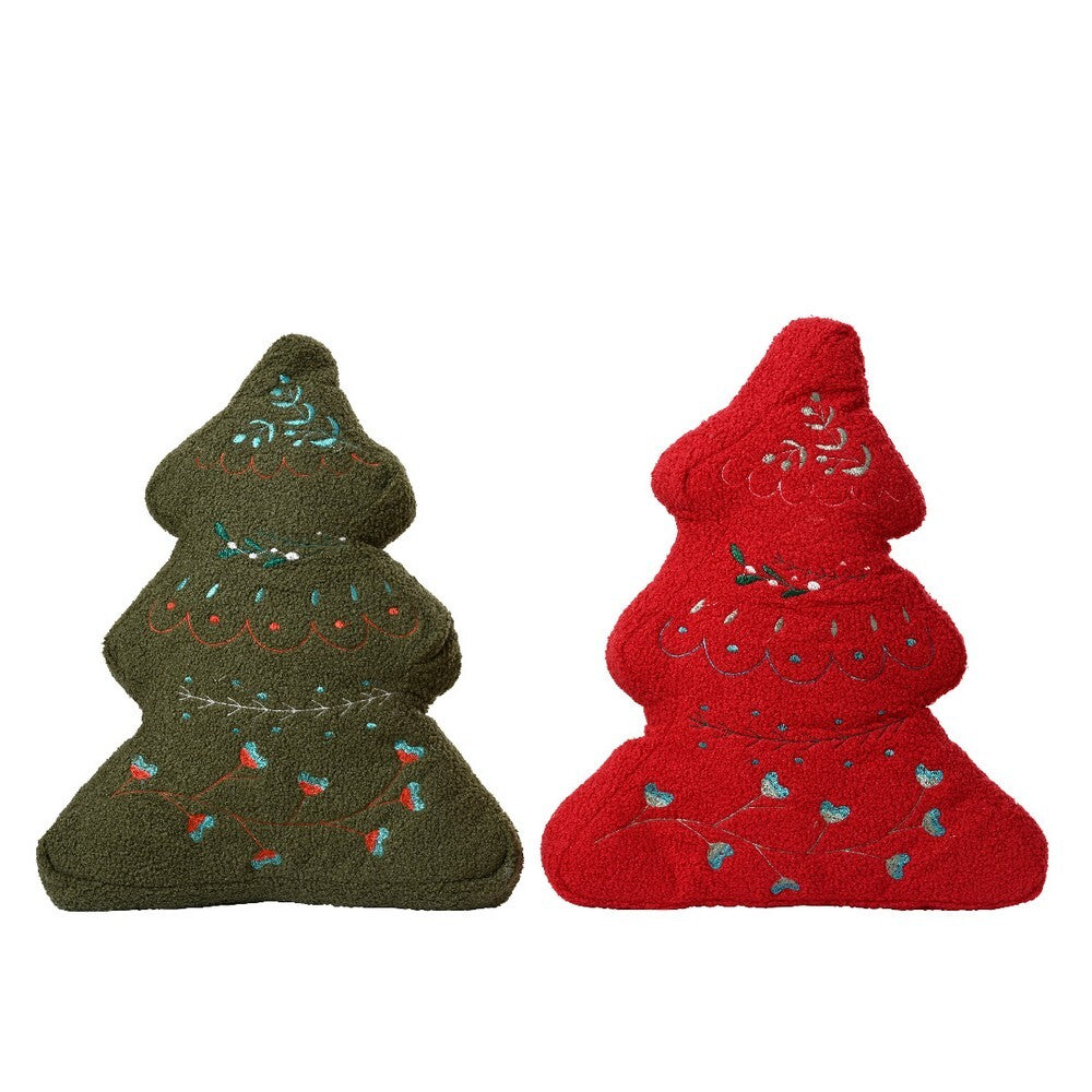 Kaemingk Cushion – GB Polyester with Tree Embroidery, Red & Green, Christmas Holiday Home Décor, Festive Xmas Pillow, Seasonal Decorative Accent for Sofa & Bed, 1 Piece Assorted Colors