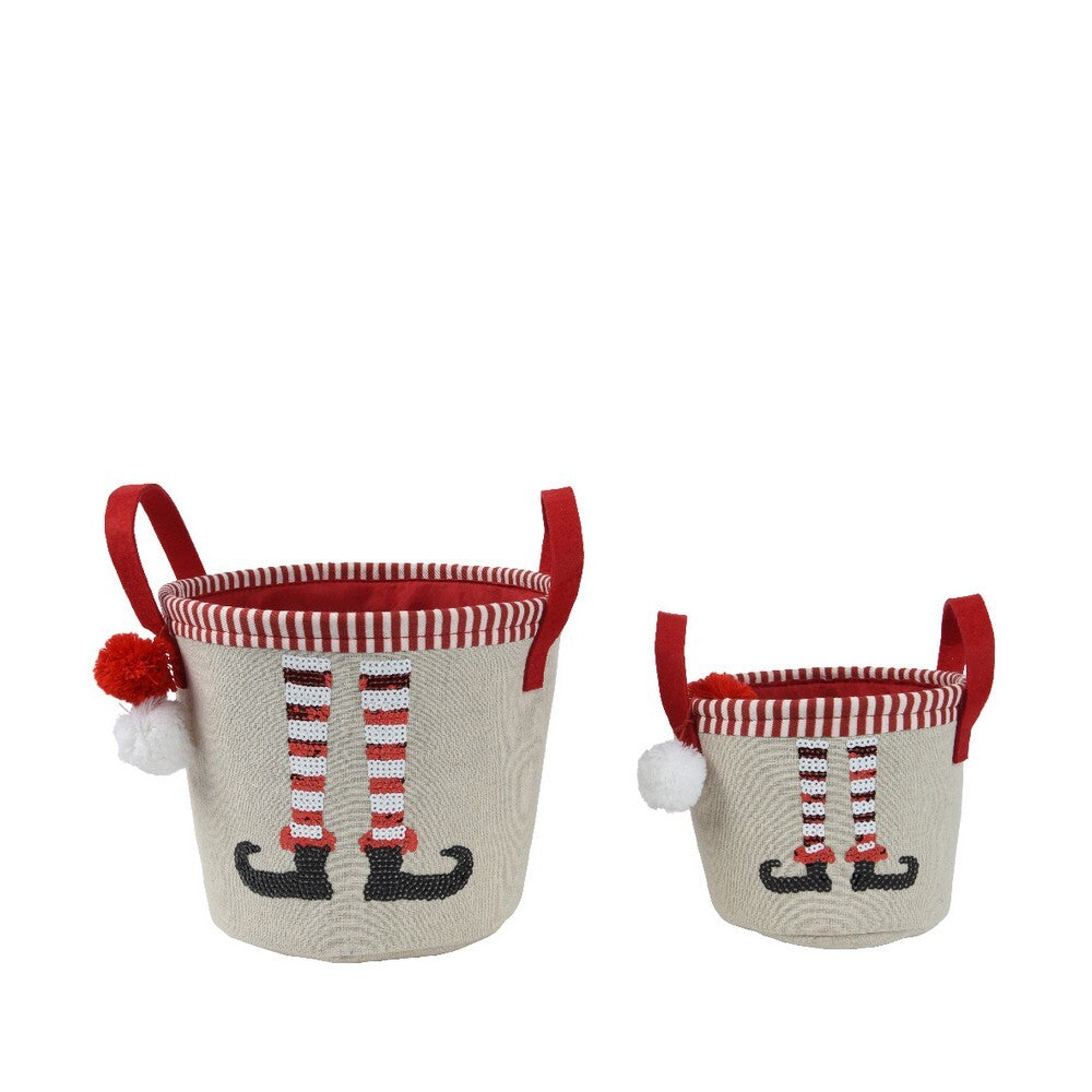 Kaemingk Basket – Round Polyester with Pompom and Sequins, Christmas Holiday Storage, Festive Xmas Tabletop & Home Décor, Seasonal Decorative Container