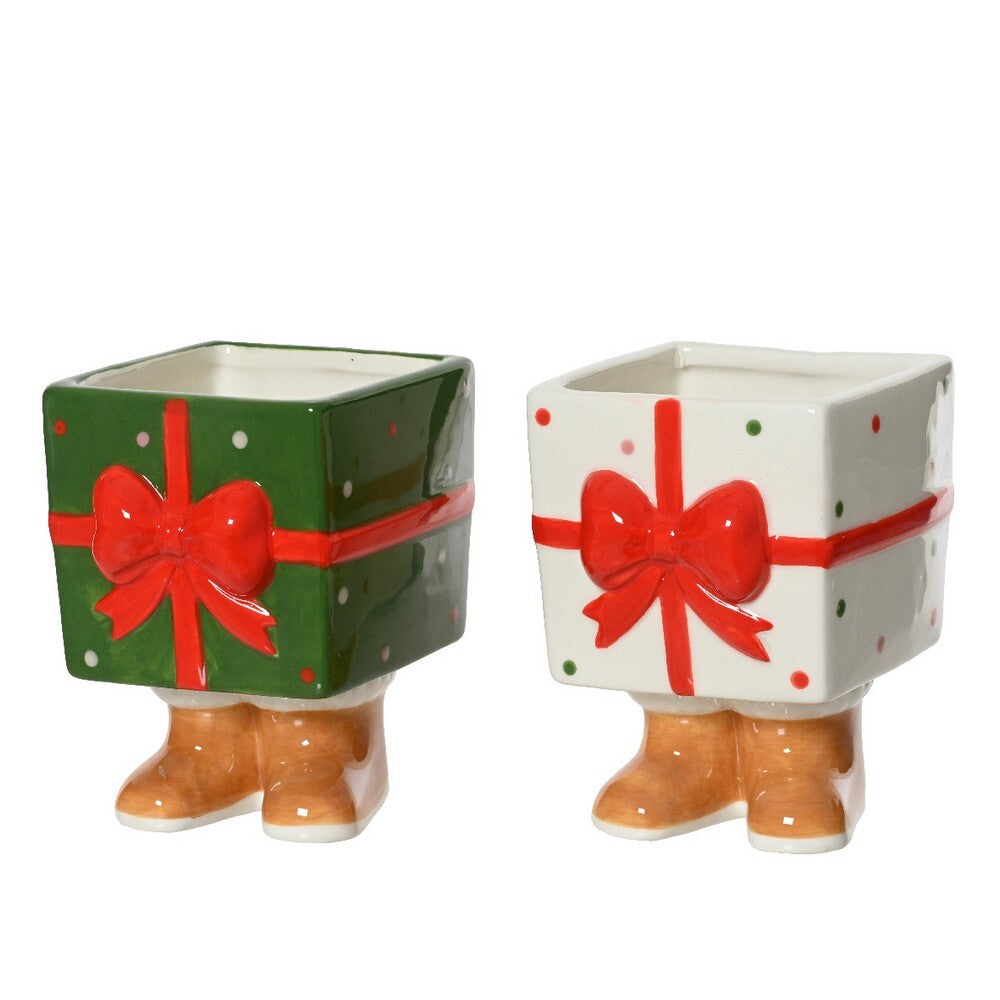 Kaemingk Planter – Dolomite Giftbox with Bow, Christmas Holiday Decoration, Festive Xmas Tabletop & Home Décor, Seasonal Decorative Accent, 1 Piece Assorted Colors