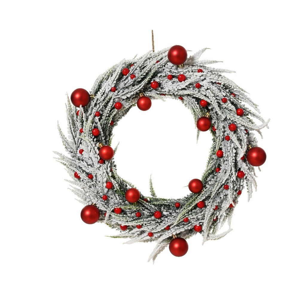 Kaemingk Wreath – Snowy with Red Baubles, Indoor Christmas Holiday Decoration, Festive Xmas Tabletop & Home Décor, Seasonal Winter Decorative Accent