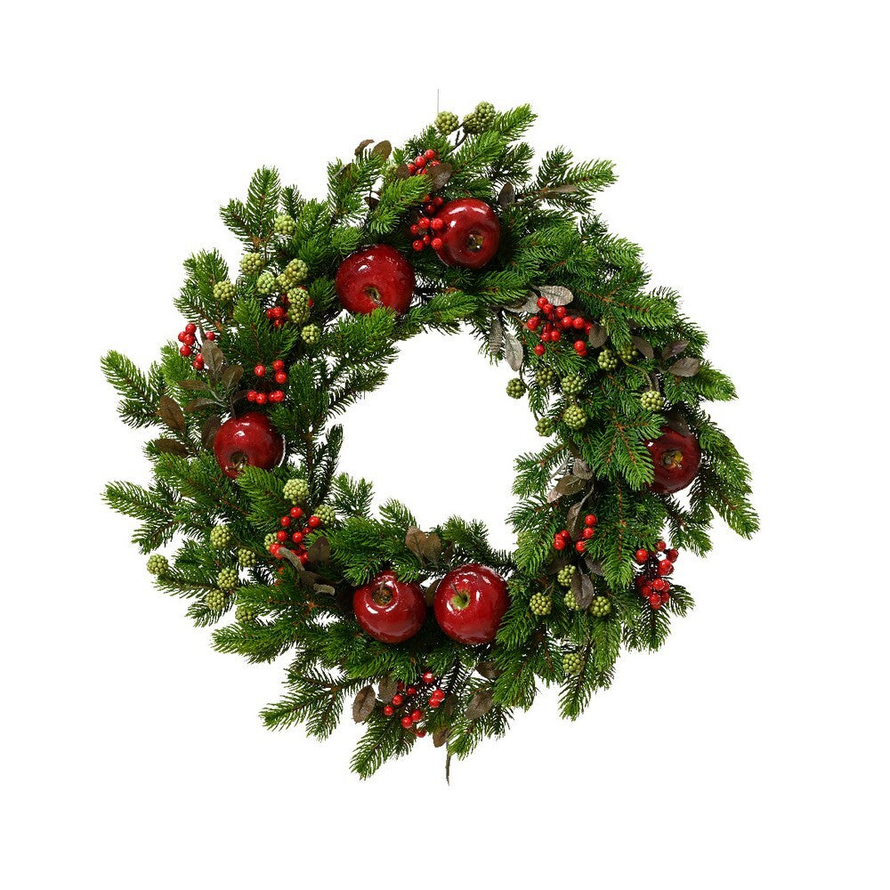 Kaemingk Deco Apple Wreath – Green Plastic Fruit & Red Berries, Christmas Holiday Decoration, Festive Xmas Indoor Tabletop & Home Décor, Seasonal Decorative Accent