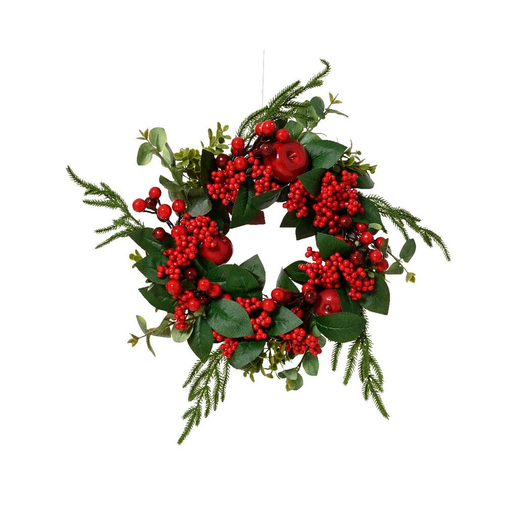 Kaemingk Wreath – Red Apples & Red Berries, Polyester with Foam Accents, Christmas Holiday Decoration, Festive Xmas Indoor Tabletop & Home Décor, Seasonal Decorative Accent