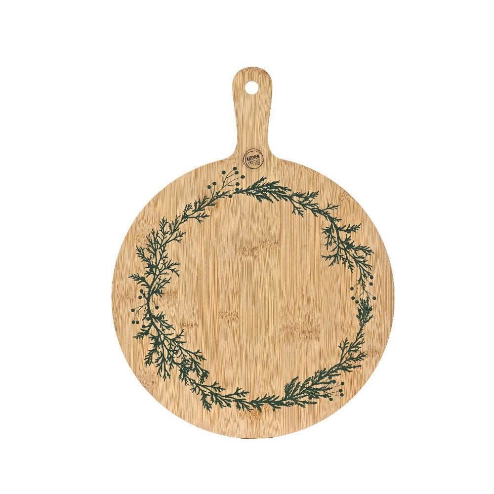 Kaemingk Cutting Board – Bamboo, Round with UV-Printed Wreath, Christmas Holiday Kitchenware, Festive Xmas Tabletop & Home Décor, Seasonal Holiday Serving Accessory