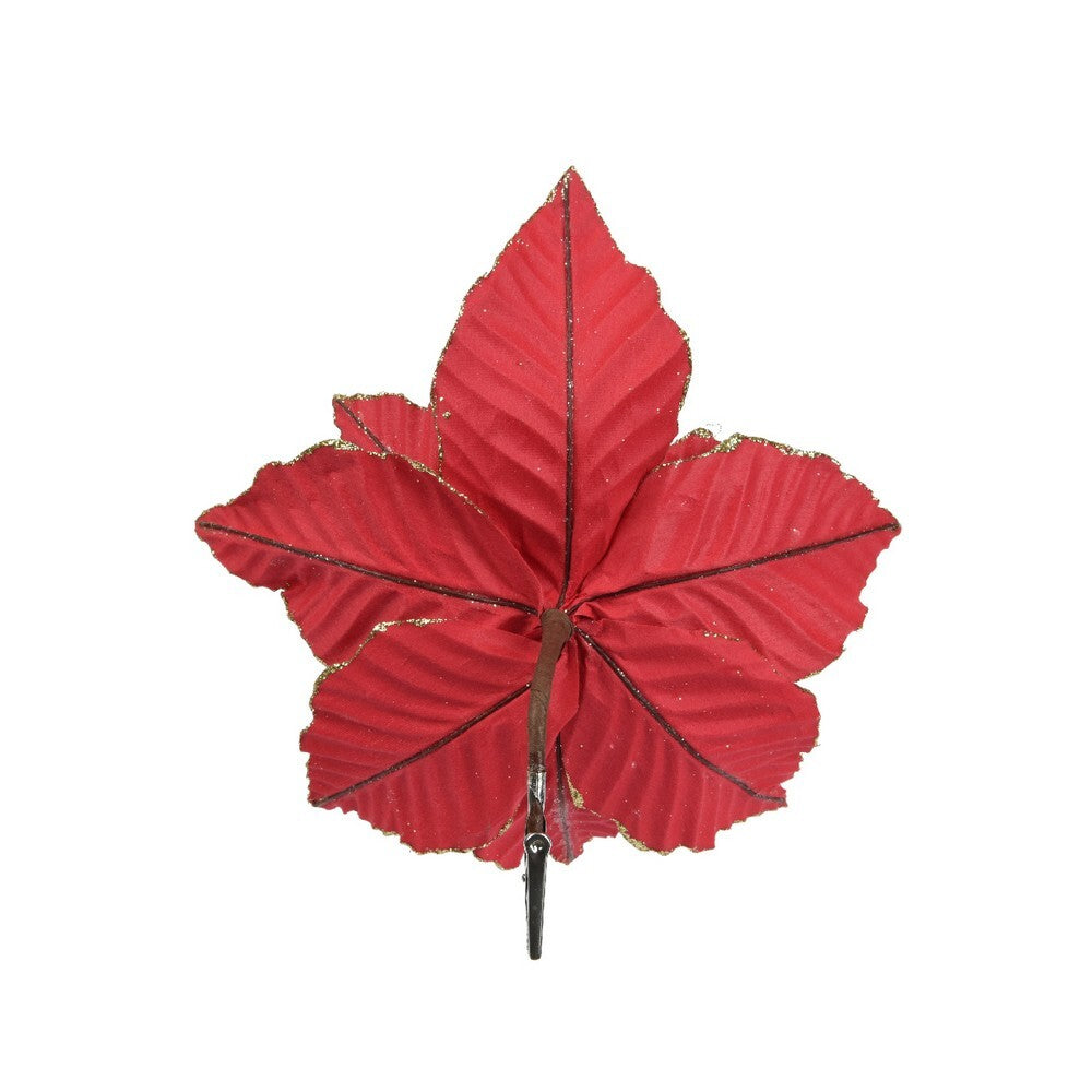 Kaemingk Poinsettia – Polyester Velvet Flower on Clip, Red Christmas Decoration, Festive Holiday Floral Accent, Elegant Xmas Tree Ornament, Seasonal Home Décor Accessory