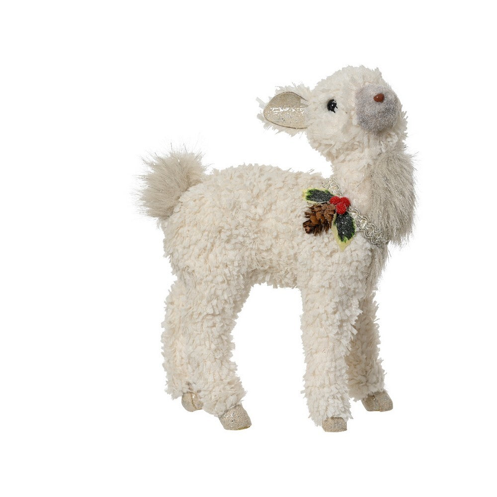 Kaemingk Deer – Cream Polyester Figurine with Bow, Holly Leaves and Pinecone, Christmas Holiday Decoration, Festive Xmas Tabletop or Tree Ornament, Seasonal Home Décor Accent
