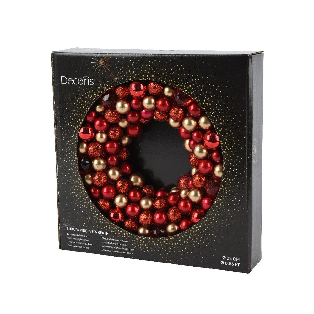 Kaemingk Wreath – Shatterproof Matt, Shiny and Glitter Acrylic Beads with Berries, Christmas Holiday Decoration, Festive Xmas Door or Wall Accent, Seasonal Home Décor-Red