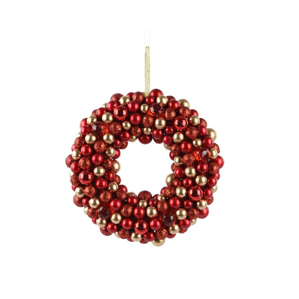 Kaemingk Wreath – Shatterproof Matt, Shiny and Glitter Acrylic Beads with Berries, Christmas Holiday Decoration, Festive Xmas Door or Wall Accent, Seasonal Home Décor-Red