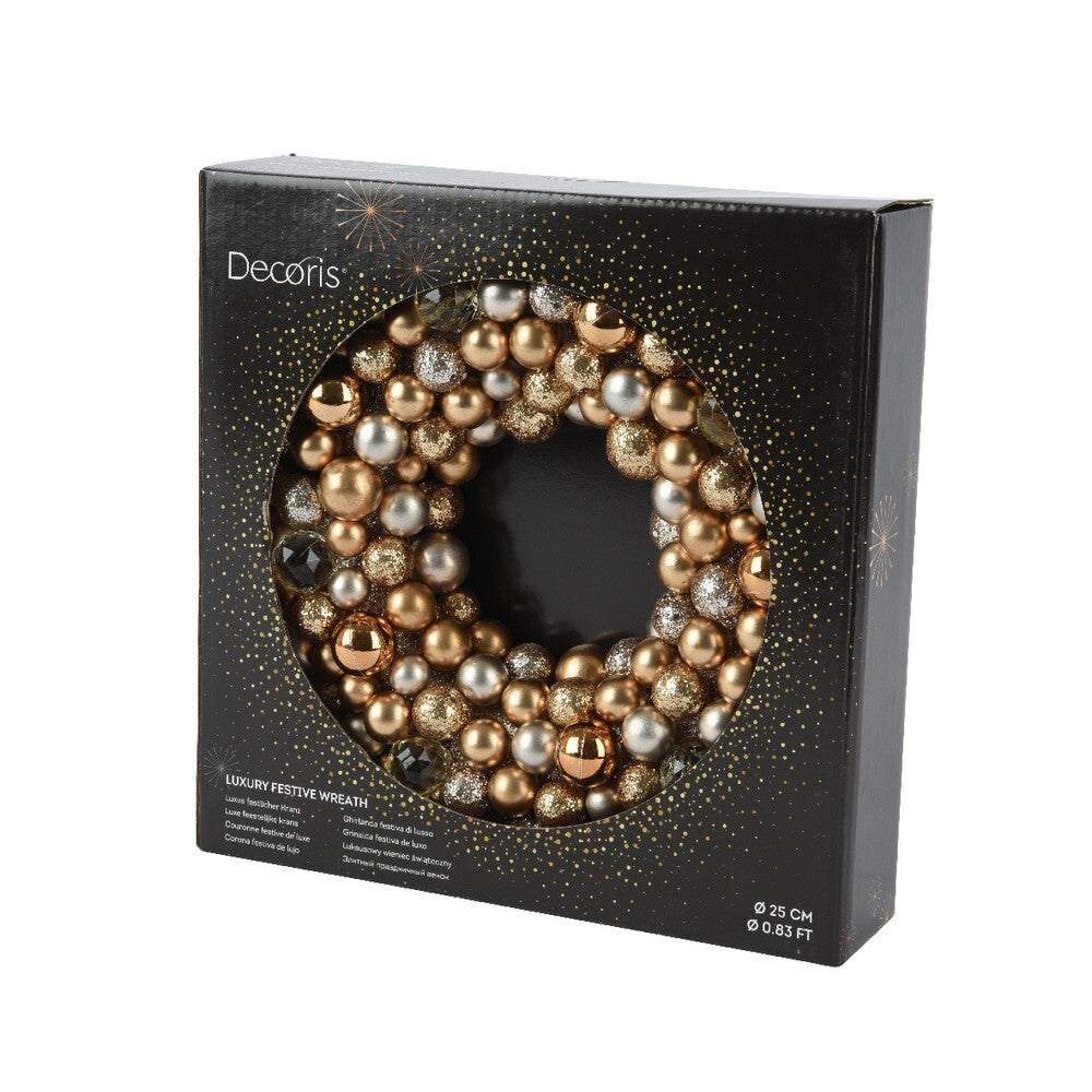 Kaemingk Wreath – Shatterproof Matt, Shiny and Glitter Acrylic Beads with Berries, Christmas Holiday Decoration, Festive Xmas Door or Wall Accent, Seasonal Home Décor-Gold