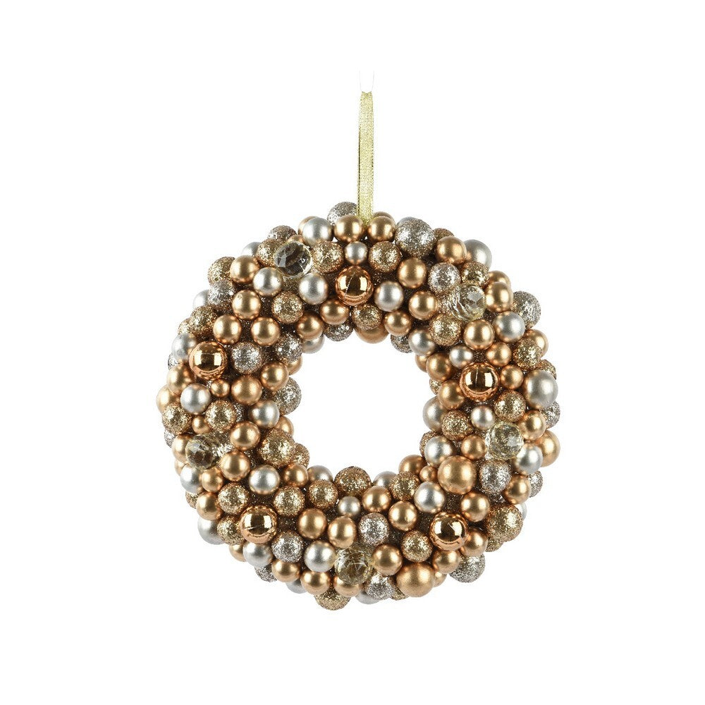 Kaemingk Wreath – Shatterproof Matt, Shiny and Glitter Acrylic Beads with Berries, Christmas Holiday Decoration, Festive Xmas Door or Wall Accent, Seasonal Home Décor-Gold