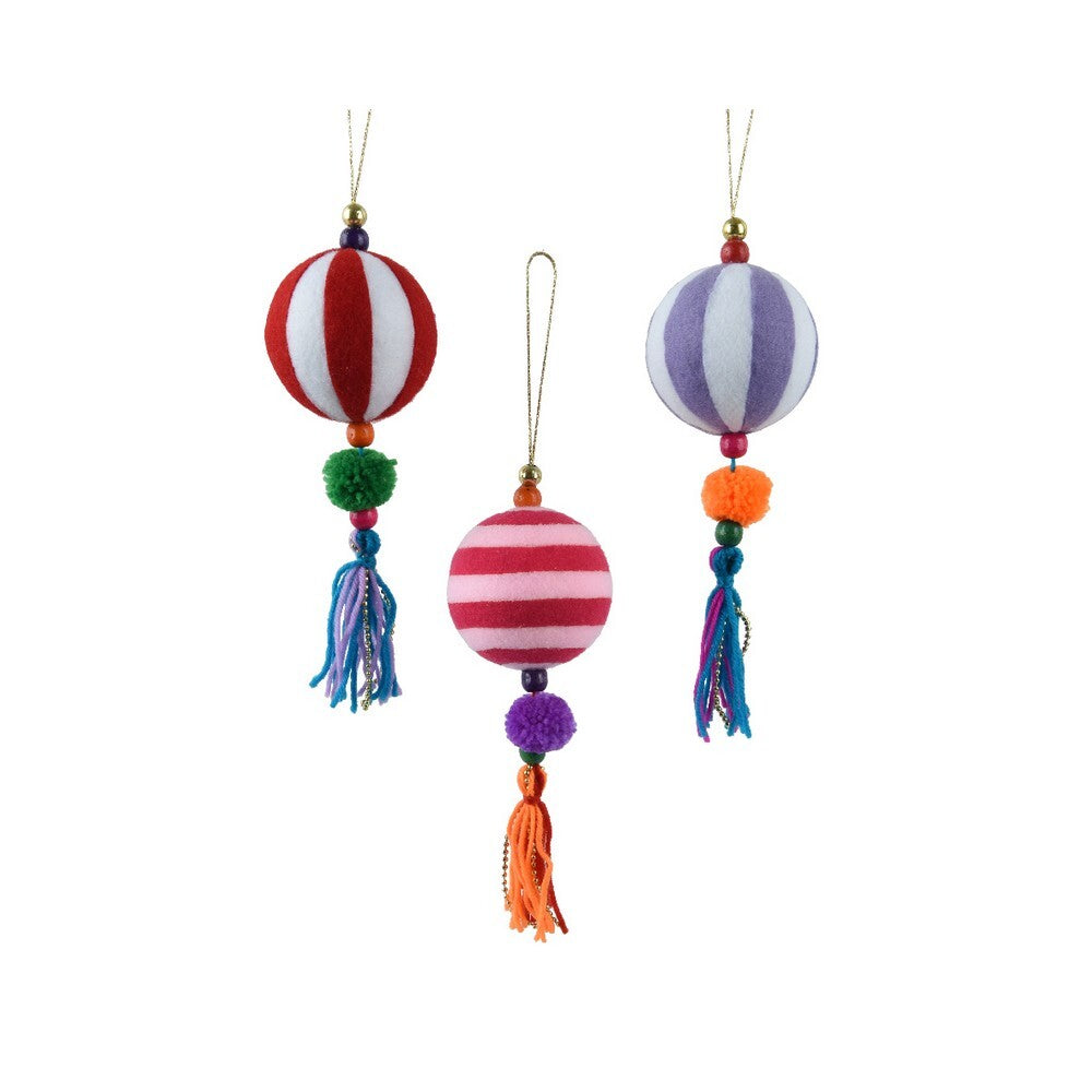 Kaemingk Bauble – Polyester with Pompom and Tassel, Christmas Holiday Decoration, Festive Xmas Tree Ornament, Seasonal Home Décor Accent, 1 Piece Assorted
