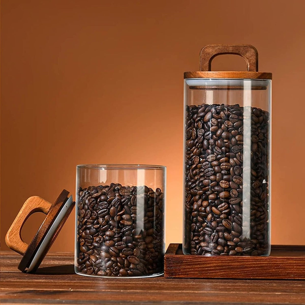 1Chase Borosilicate Glass Food Storage Jar With Acacia Wood Air Tight Lid and Handle 800 ML 12 cm