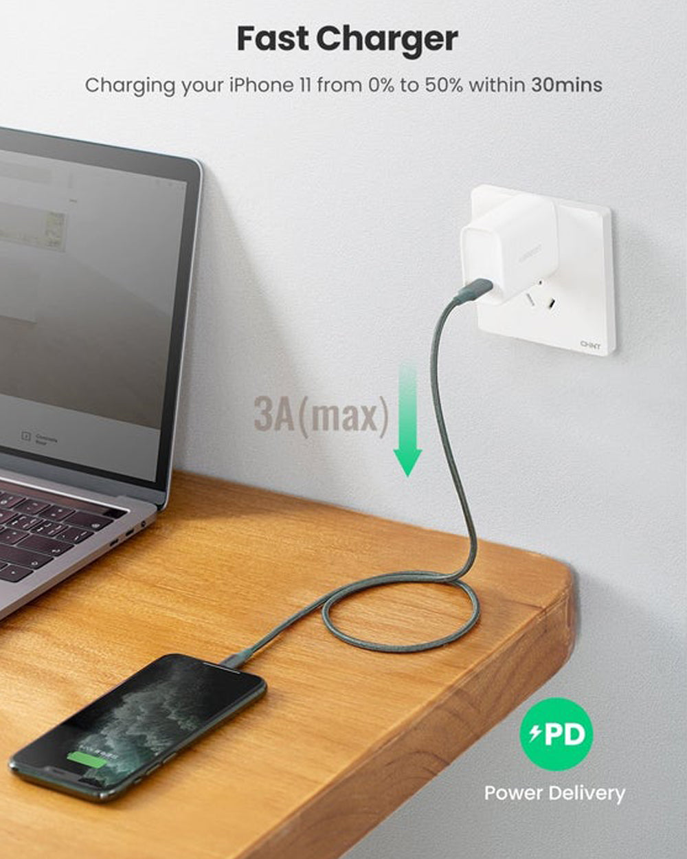 UGREEN USB-C to Lightning MFI Cable Nylon Braided 3A PD Fast Charging 1 Meter Black