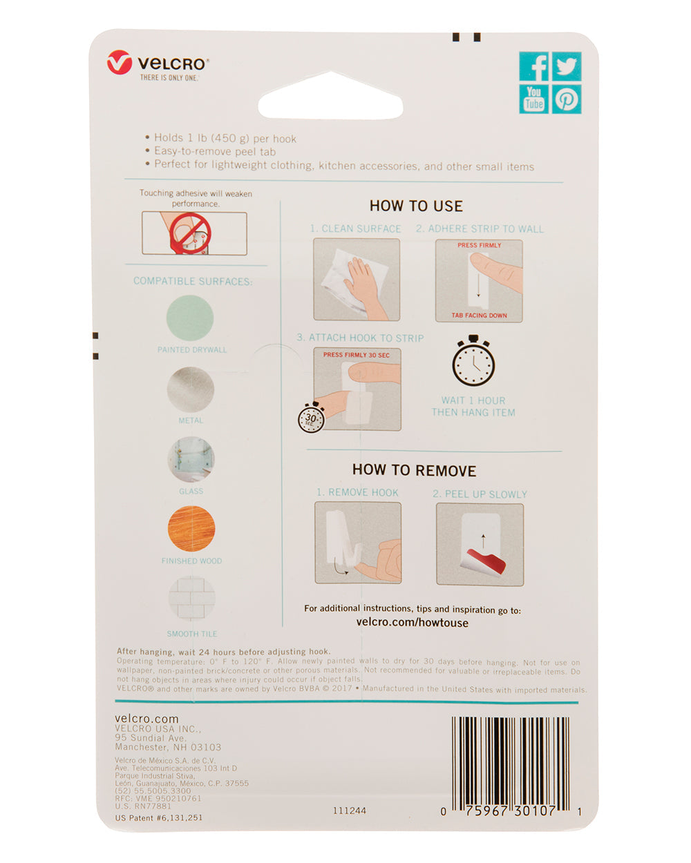 VELCRO HANGables Small Removable Wall Hooks 4 Count White