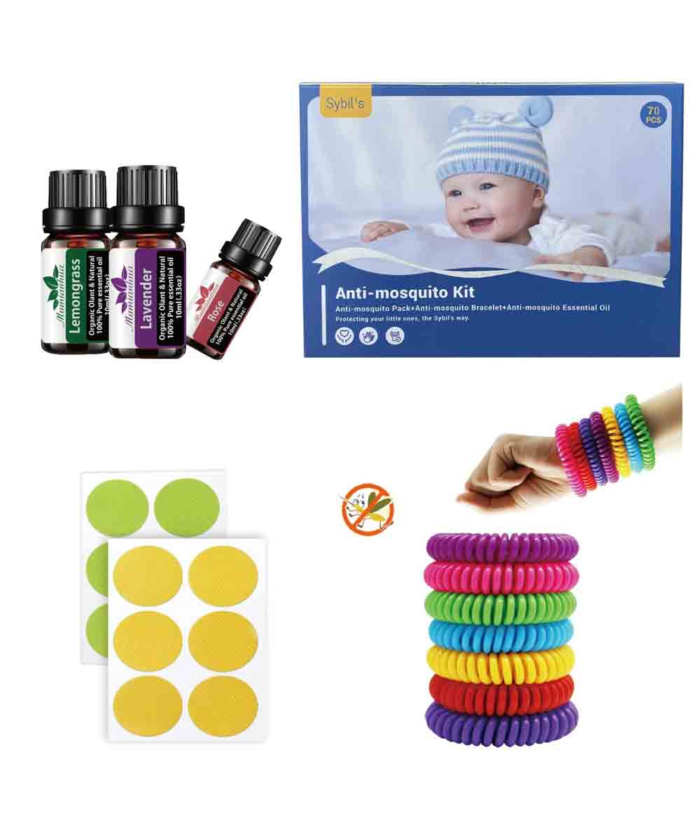 Sybil's Comprehensive Anti Mosquito Kit for Kids Toddlers and Adults 70pcs Set | 60xMosquito Repellent Sticker Patches | 1xAnti Mosquito Bracelet | 6xEssential Oils | 3xSpray Bottles | Complete Solution for Baby Safety