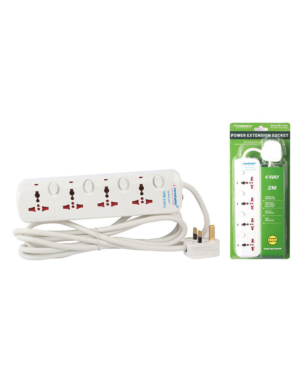 Terminator 4 Way Universal Power Extension Socket with Individual Switches, 2 Meter Cable