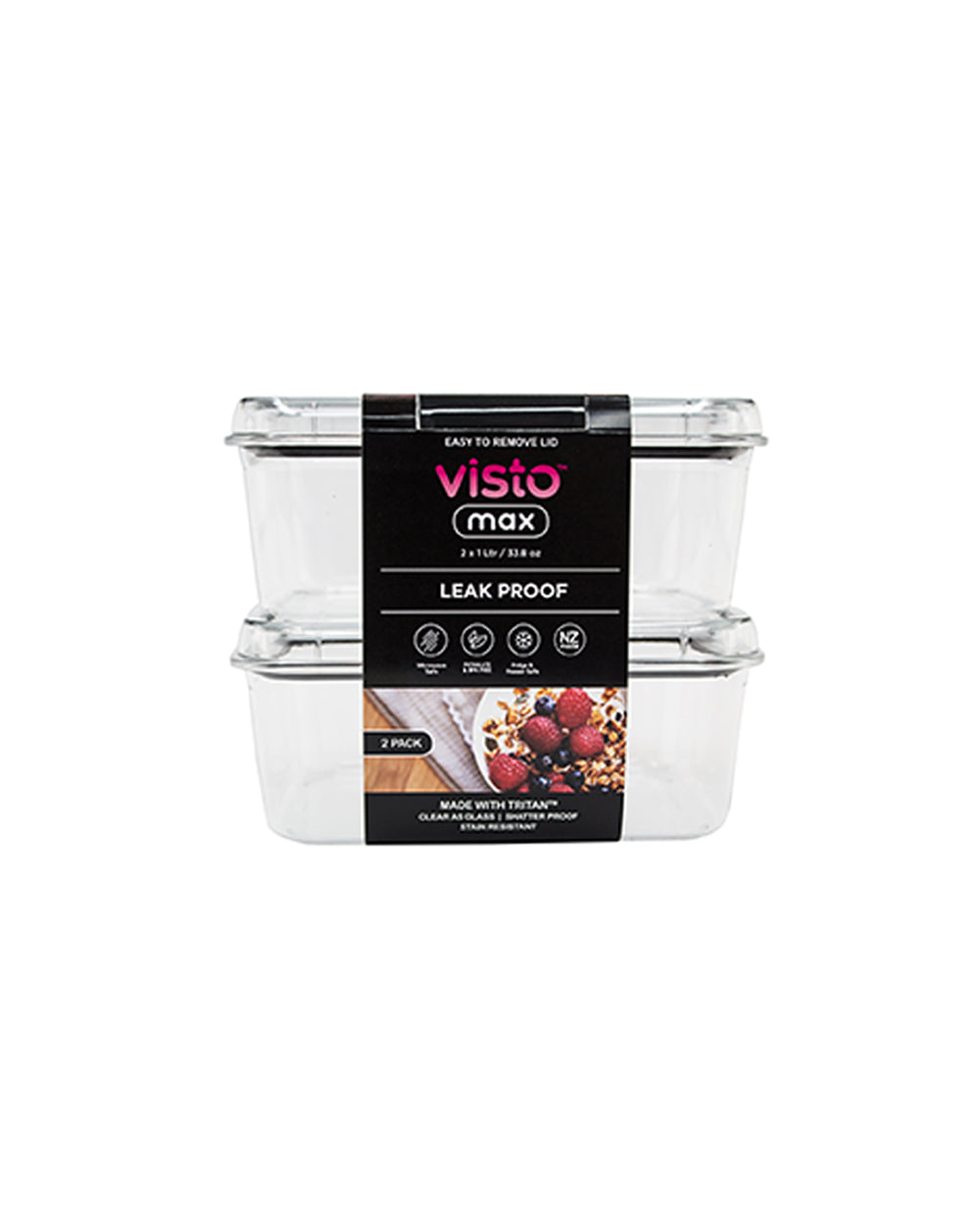Visto Max 1 Liter Rectangle Storage Container Twin Pack with Clear Base & Lid