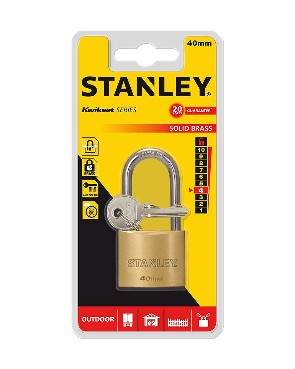 Stanley Brass Padlock 40mm long Shackle 3 Keys
