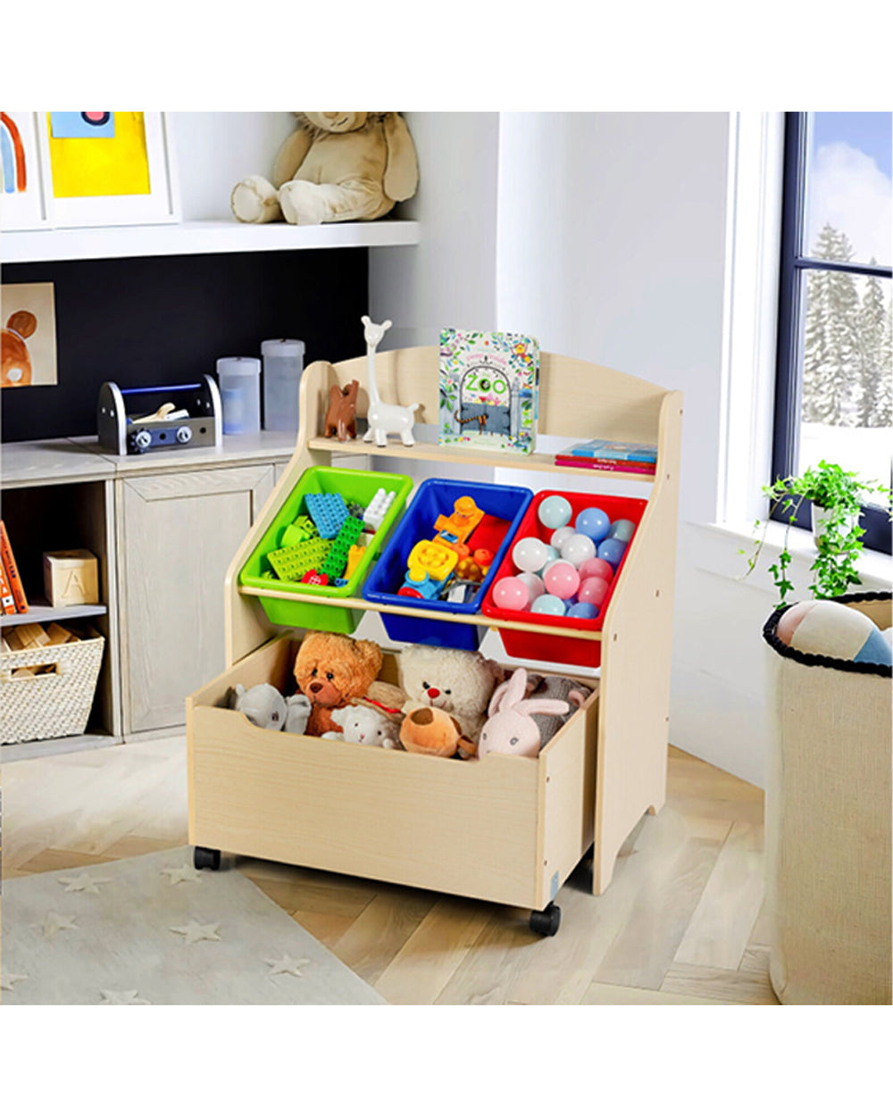 Cost Way Kids Wooden Toy Storage Unit Organizer with Rolling Toy Box and Plastic Bins