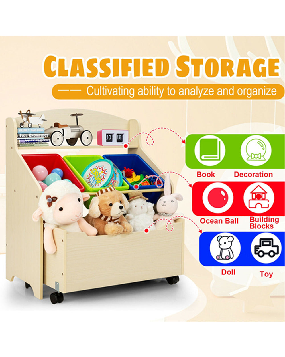 Cost Way Kids Wooden Toy Storage Unit Organizer with Rolling Toy Box and Plastic Bins