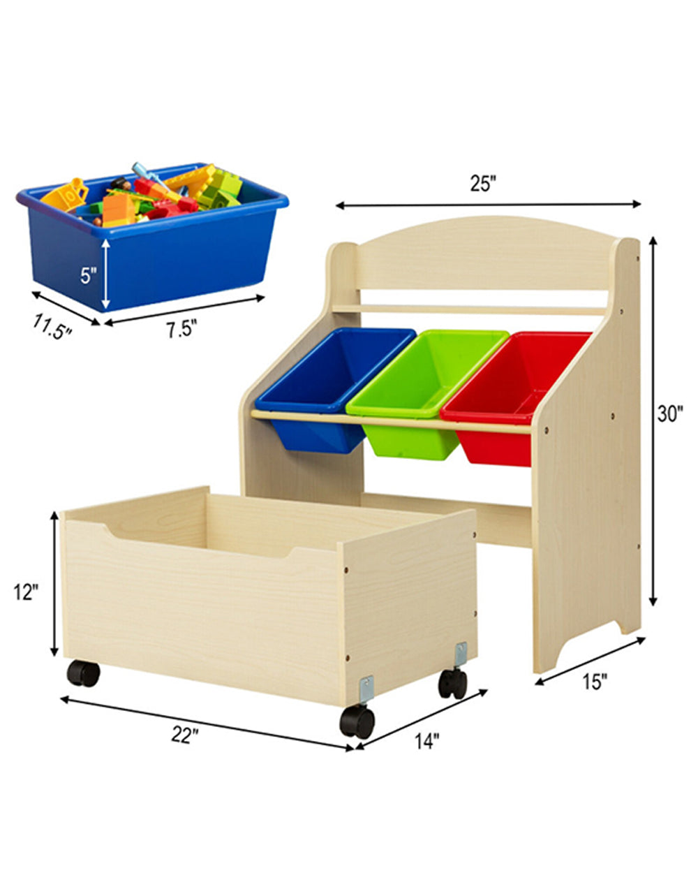 Cost Way Kids Wooden Toy Storage Unit Organizer with Rolling Toy Box and Plastic Bins