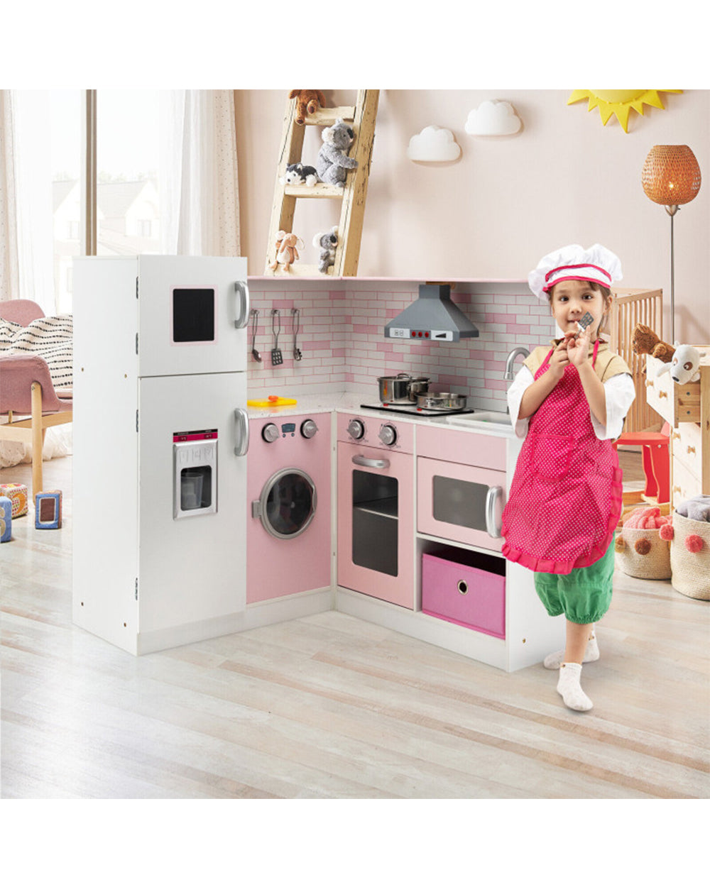 Cost Way Corner Play Kitchen Wooden Toy Set with Sound and Light