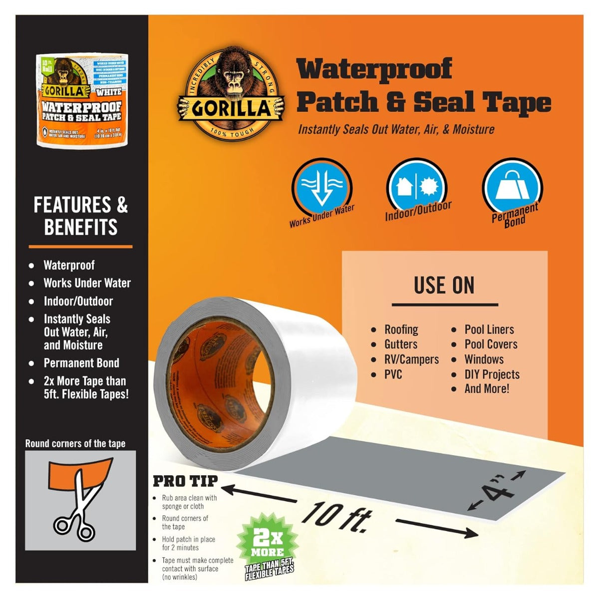 Gorilla Waterproof Patch & Seal Tape White 4In X 10Ft