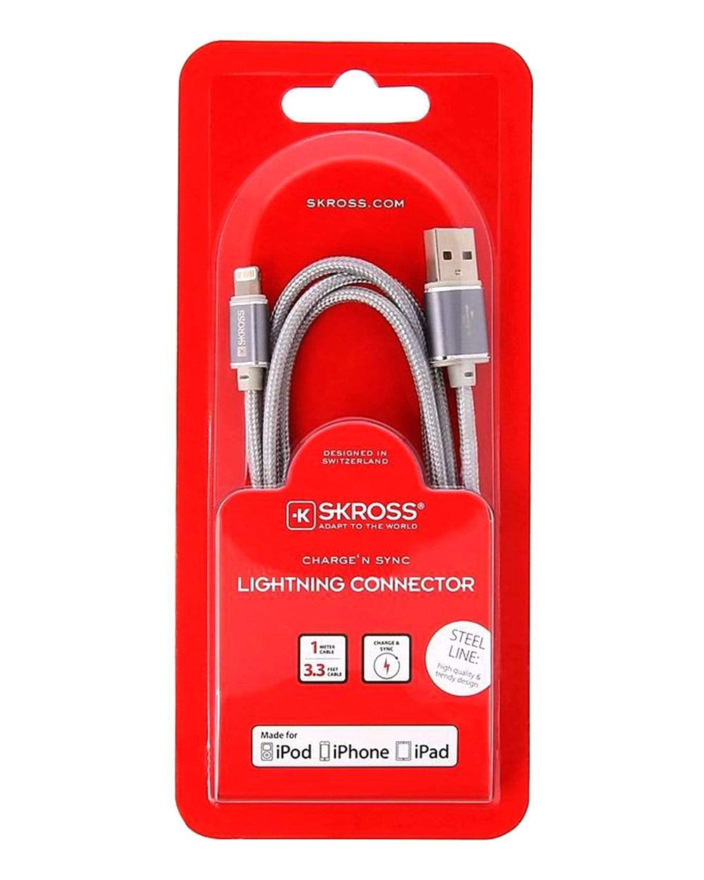 SKROSS Steel Line Charge & Sync Lightning Connector 1 Meter Cable Silver