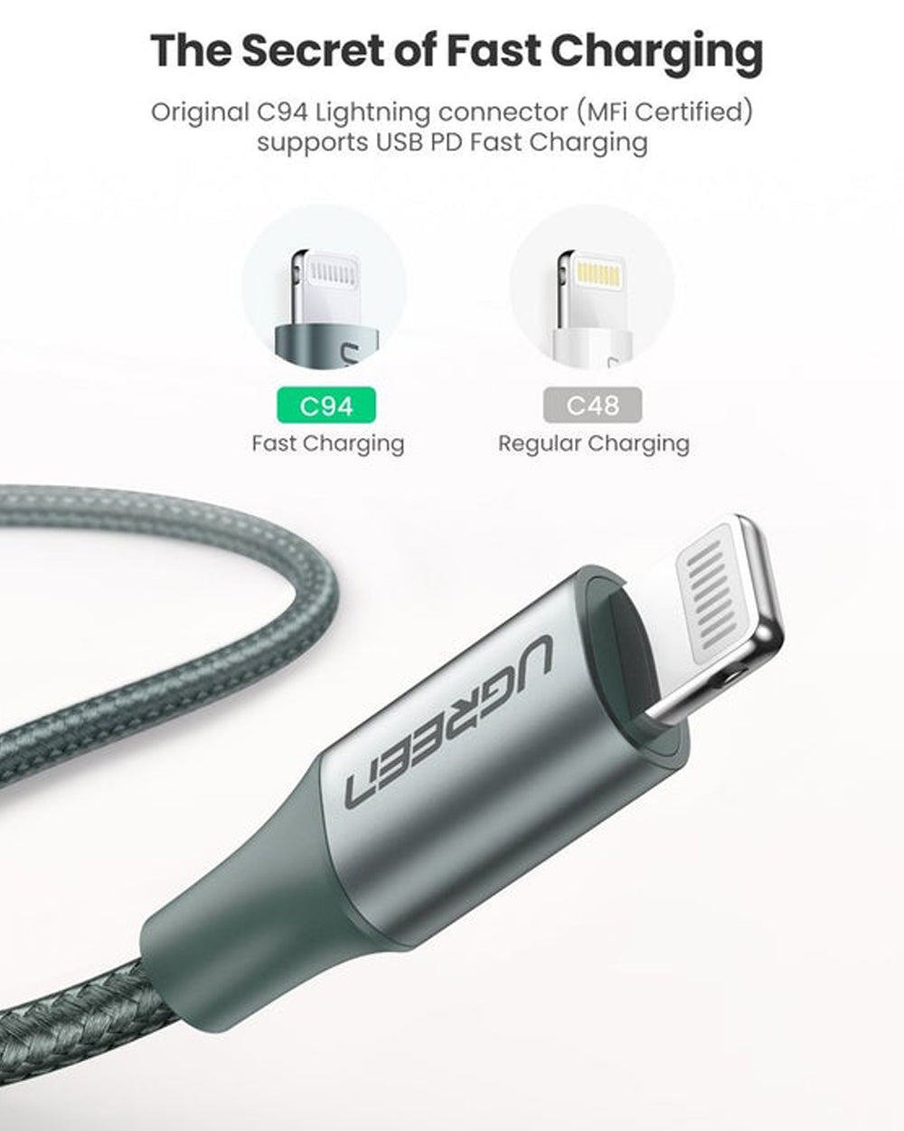 UGREEN USB-C to Lightning MFI Cable Nylon Braided 3A PD Fast Charging 1 Meter Black