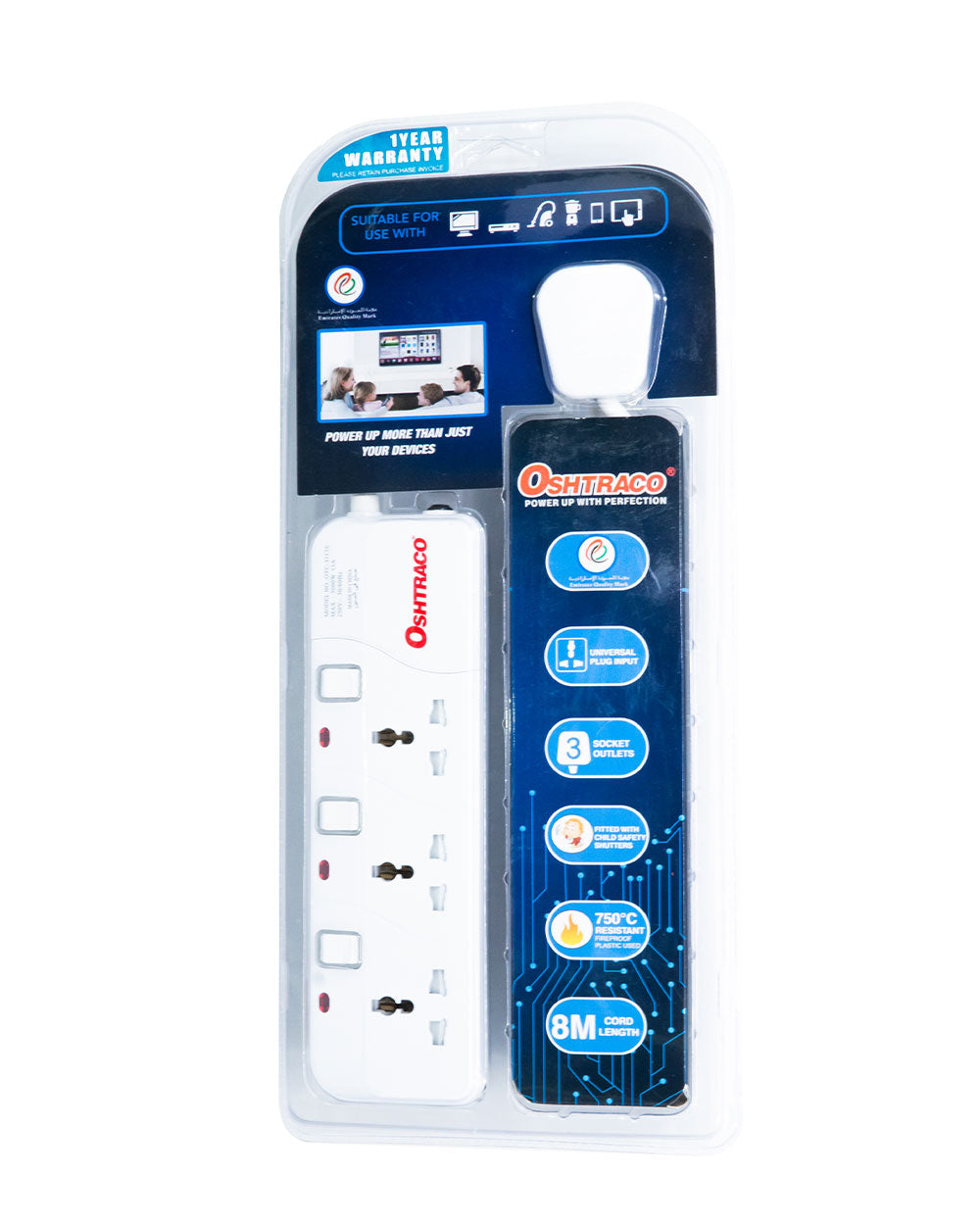 Oshtraco 3 Way Switch Universal Extension Cord With 8m Wire