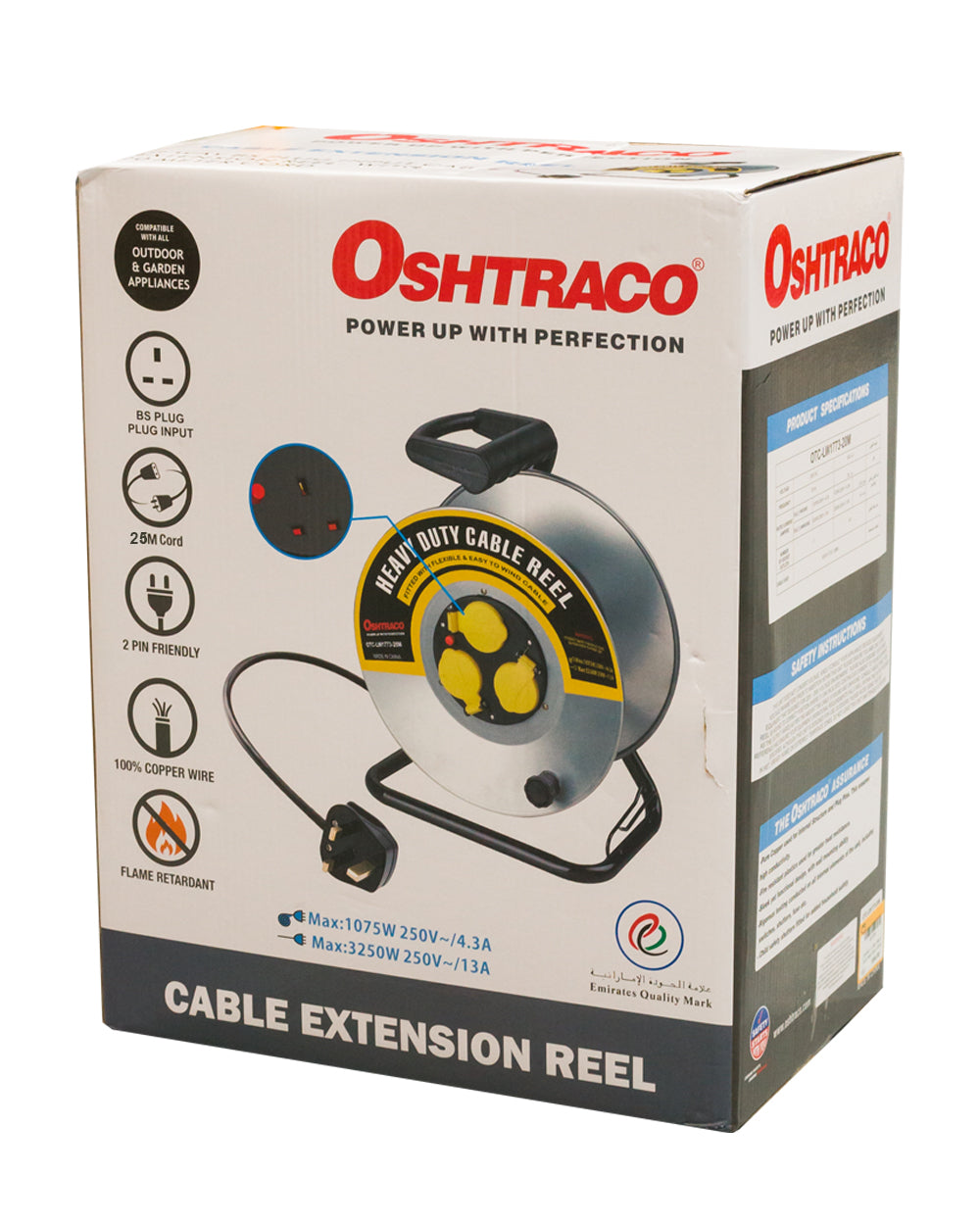 Oshtraco 3 Way Heavy Duty Metal Body Cable Reel 25 Meter