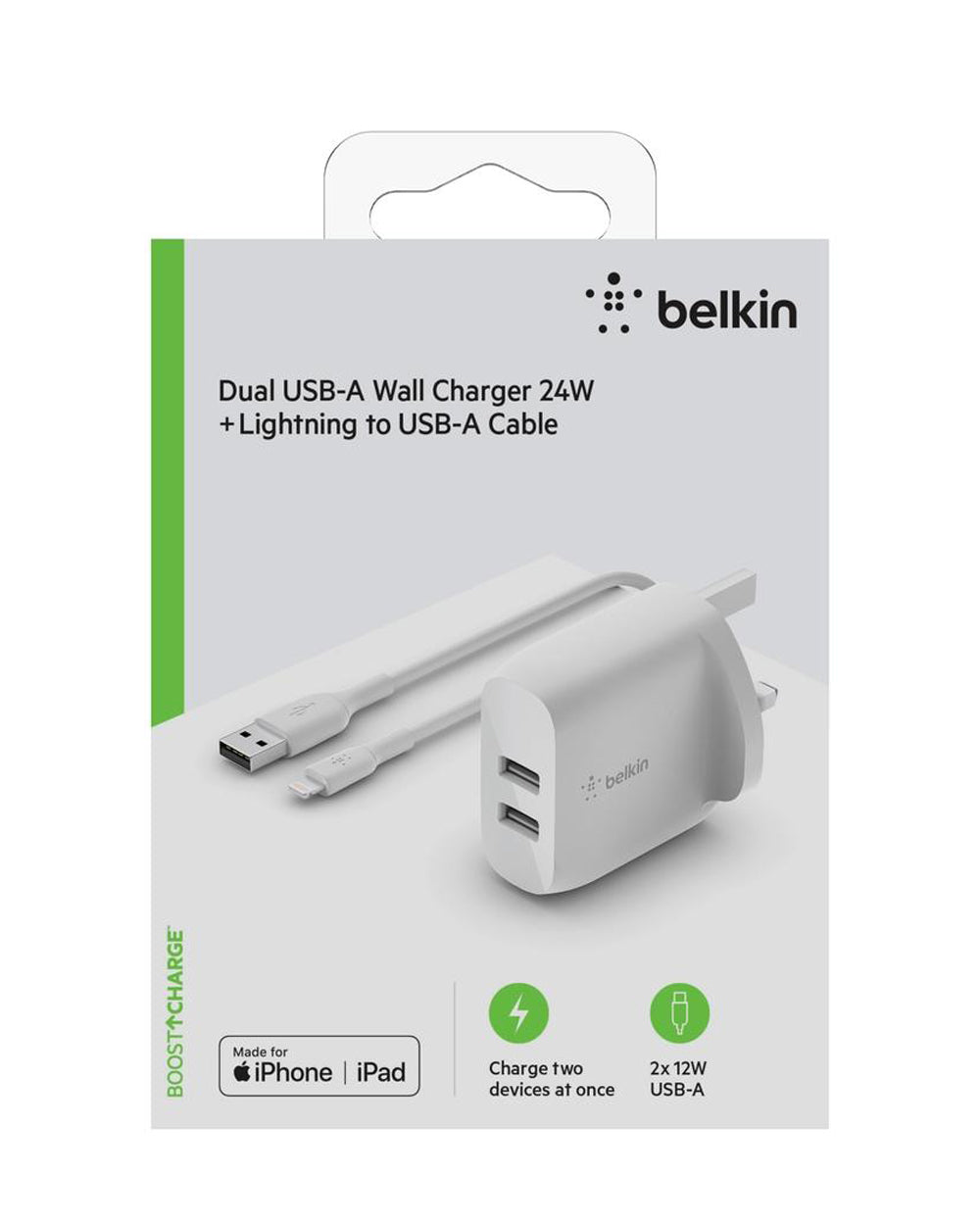 Belkin Wall Charger Dual USB-A + 1 Meter PVC A-LTG 24W White