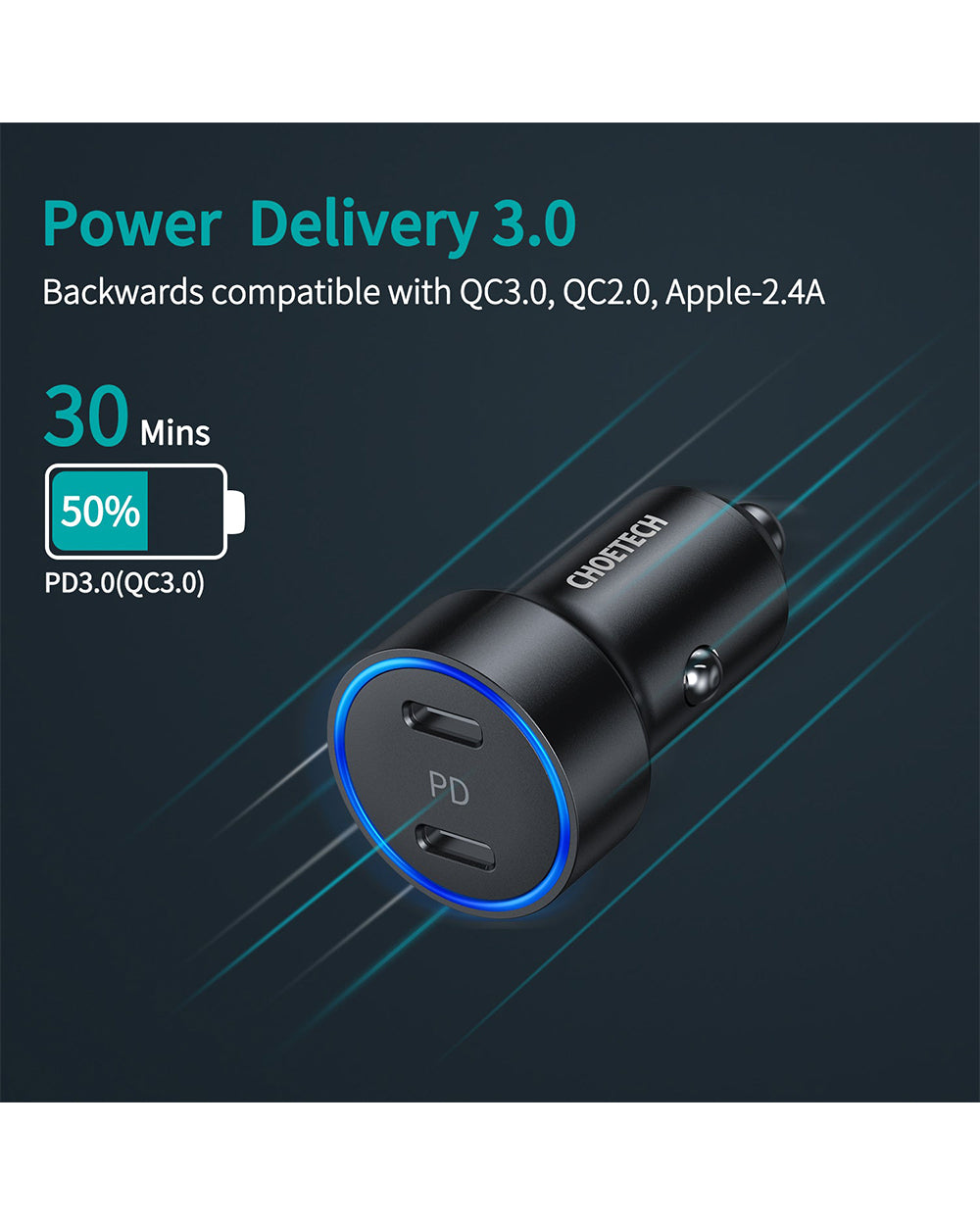 Choetech 2 Port USB Type-C Car Charger 40W Dual Adapter