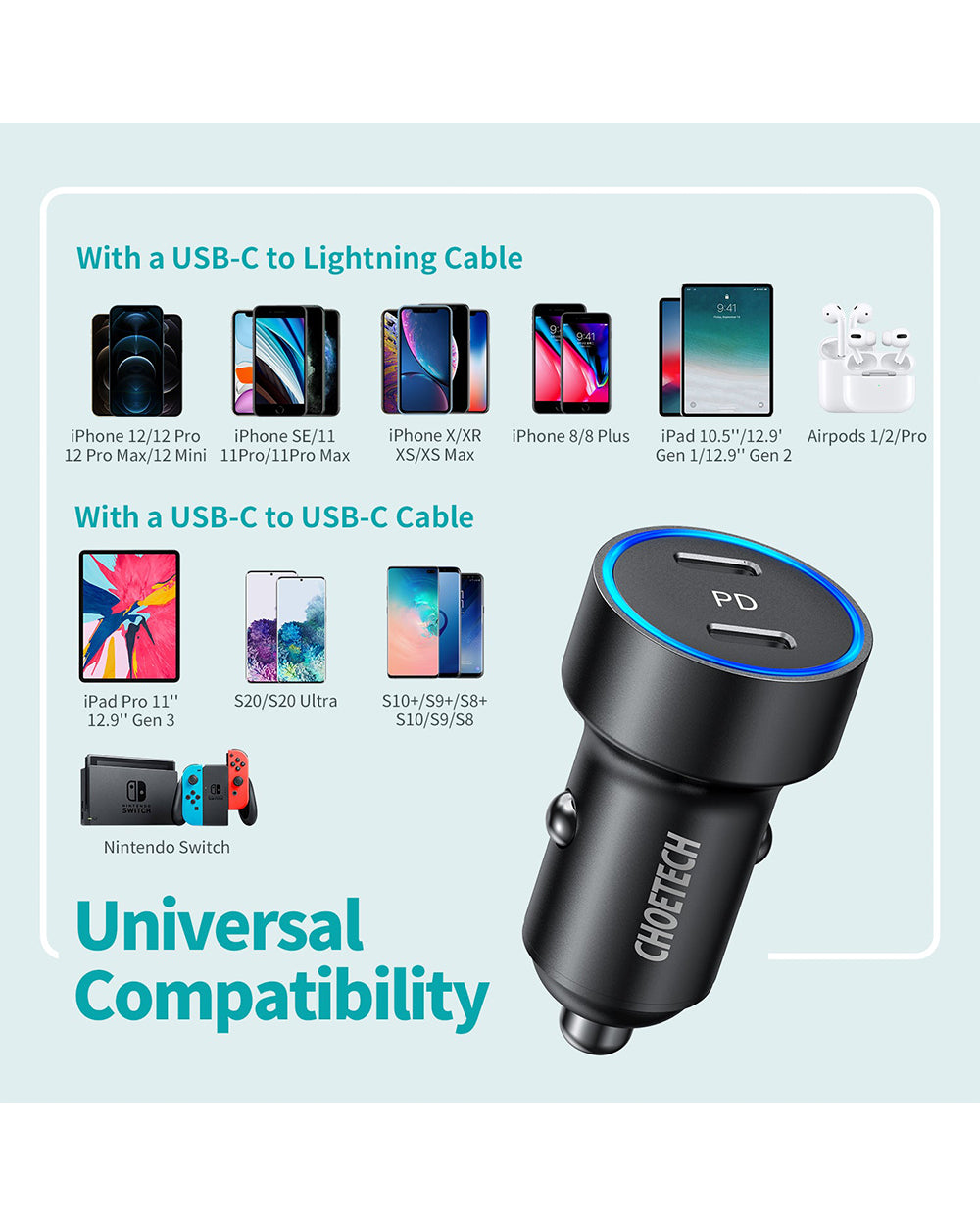 Choetech 2 Port USB Type-C Car Charger 40W Dual Adapter