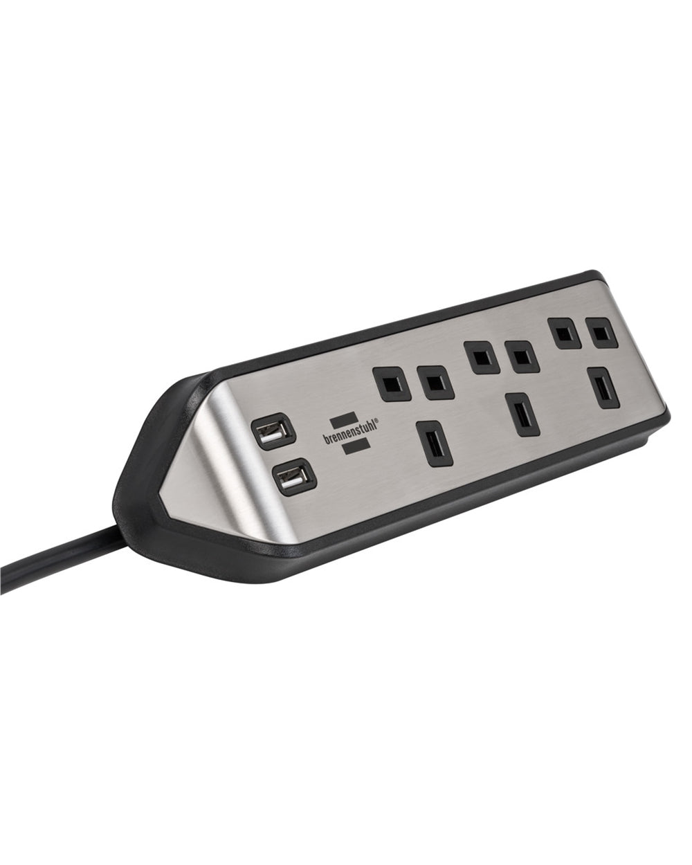 Brennenstuhl 3 Way Corner Extension Socket with 2 Way USB A Socket 2 Meter Cable Black