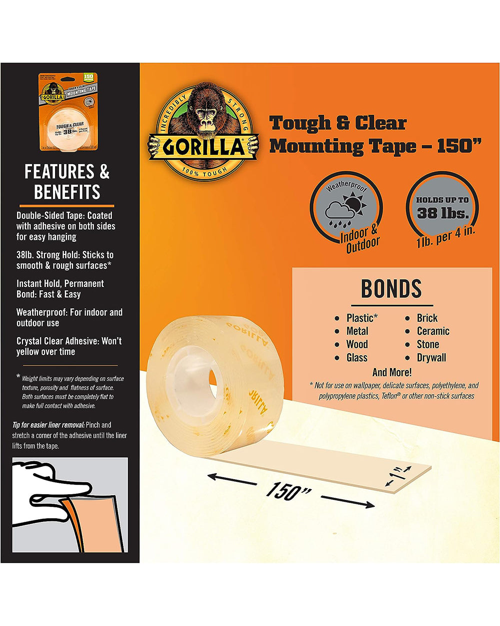 Gorilla Tough & Clear Double Sided Adhesive Mounting Tape, Extra Large 1 inch x 4.1 Yard