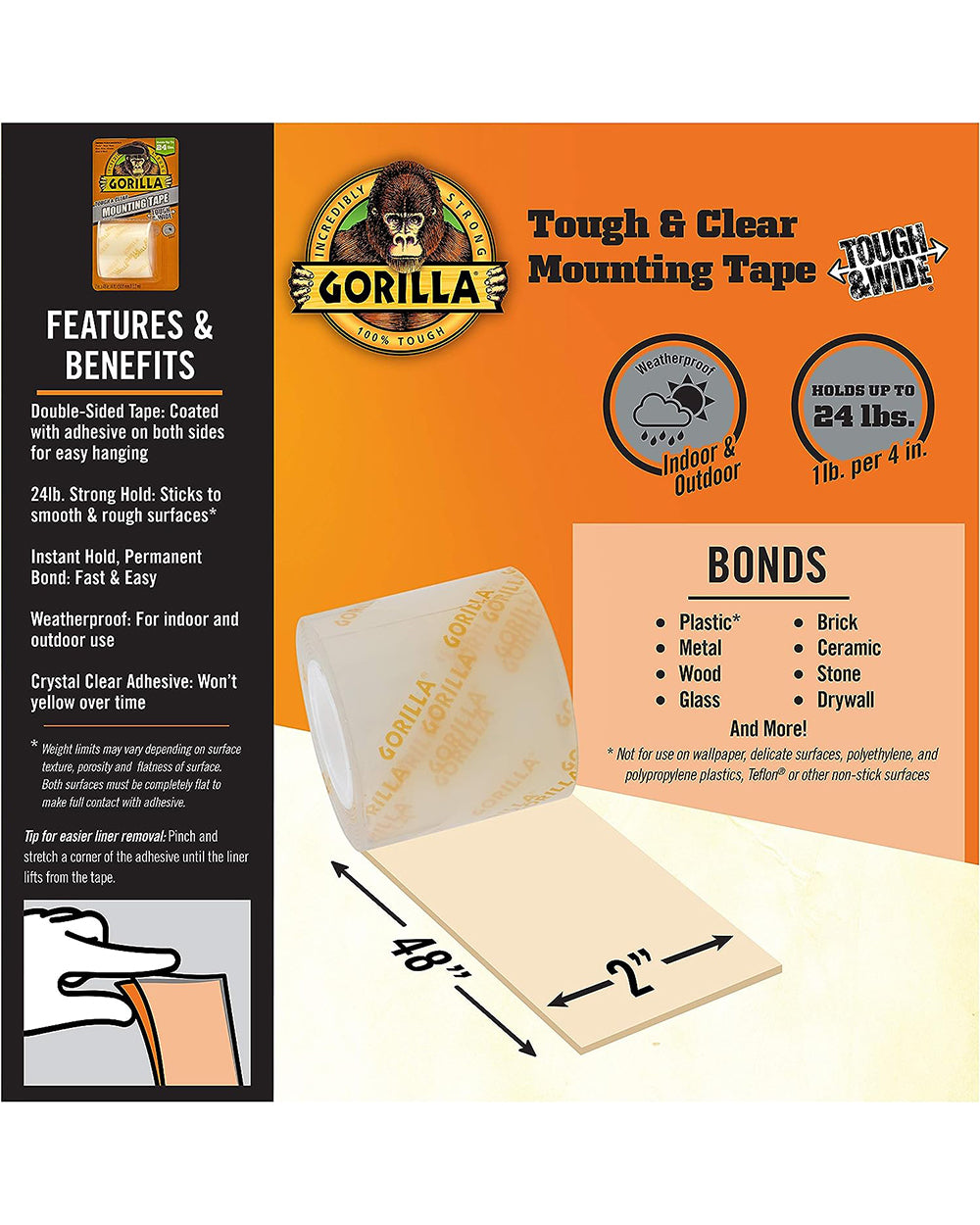Gorilla Tough & Wide Heavy Duty Double Sided Mounting Tape 2 inch x 1.3 Yard Clear