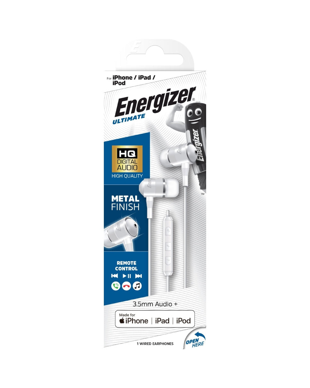 Energizer UIL35 In ear Wired Headphones 3.5mm Aux with Lightning Adapter White