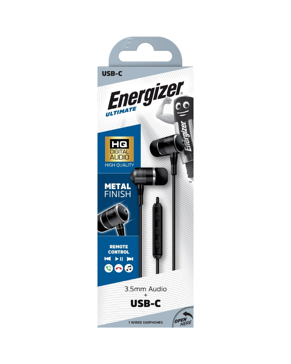 Energizer UIL35 In ear Wired Headphones 3.5mm Aux with Type-C Adapter Black