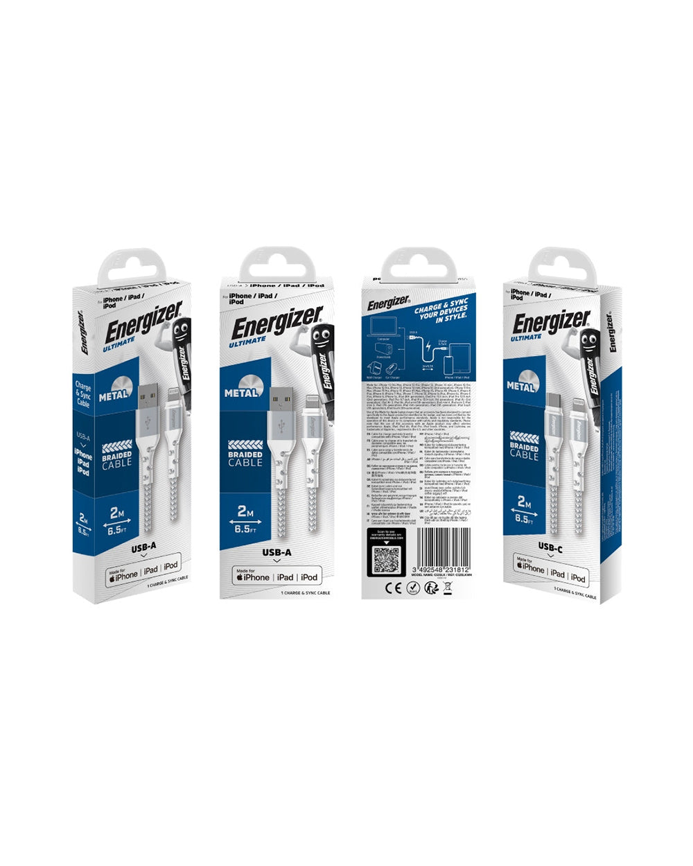 Energizer Cable USB-A to Lightning Braided Cable 2 Meter White