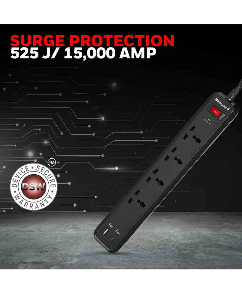Honeywell 4 Out Surge Protector Extension PD18W With USB Black