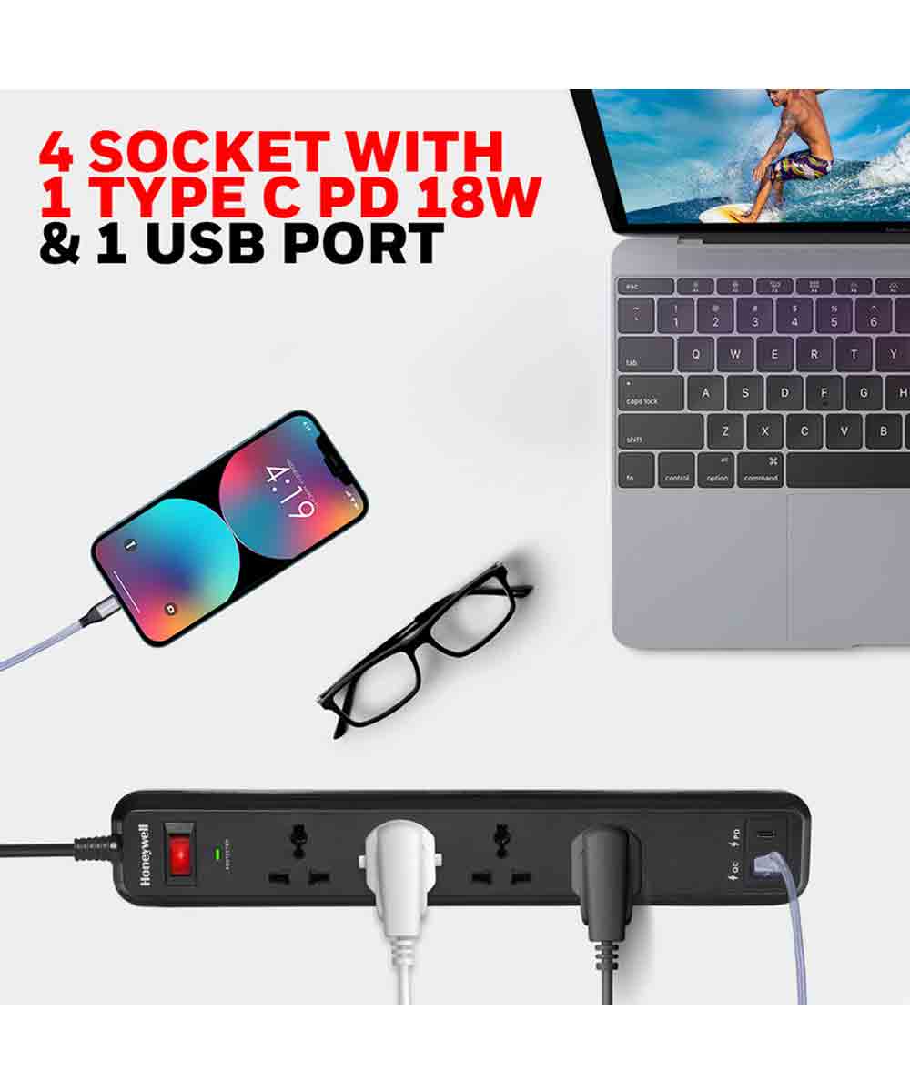 Honeywell 4 Out Surge Protector Extension PD18W With USB Black
